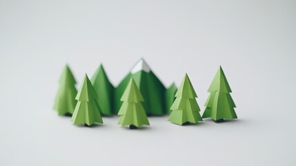 Paper Craft Trees and Mountain in Minimalist Nature Scene