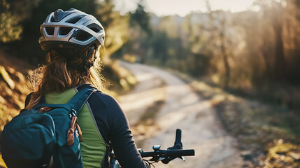 A person using a smart bike helmet with integrated navigation, cycling route setting with helmet displaying navigation and speed, High-tech style