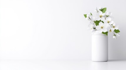 Fototapeta premium White blossoms in a white vase sit against a white background. The image features a minimalist composition. The lighting is soft and even. The style is clean and simple. The mood is serene and peac