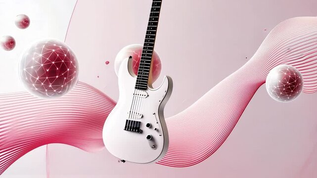 Electric Guitar Melody: A sleek white electric guitar takes center stage, surrounded by dynamic abstract elements of sound and rhythm. A visual ode to music's powerful essence. 