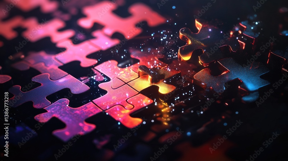 Aufkleber A 3D-rendered puzzle structure slowly transforming into a dynamic digital network, symbolizing problem-solving and innovation. Concept: Puzzle Structure, Digital Solution, Transformation