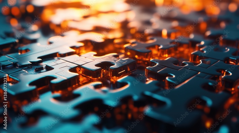 Poster A 3D-rendered puzzle structure slowly transforming into a dynamic digital network, symbolizing problem-solving and innovation. Concept: Puzzle Structure, Digital Solution, Transformation