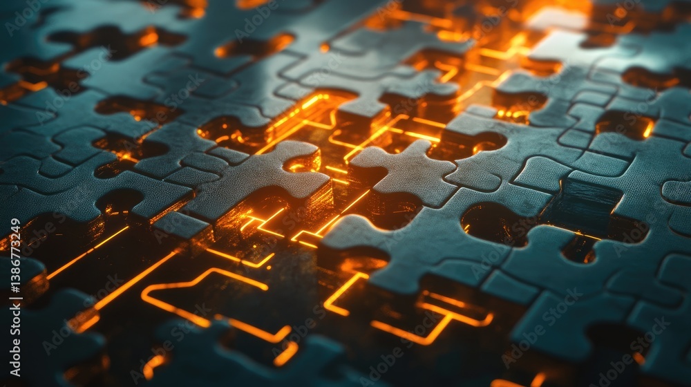 Poster A 3D-rendered puzzle structure slowly transforming into a dynamic digital network, symbolizing problem-solving and innovation. Concept: Puzzle Structure, Digital Solution, Transformation