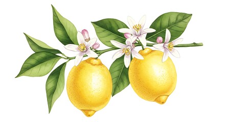 Luminous Lemons: Botanical Watercolor Painting of Citrus Blossoms and Fruit AI Generated