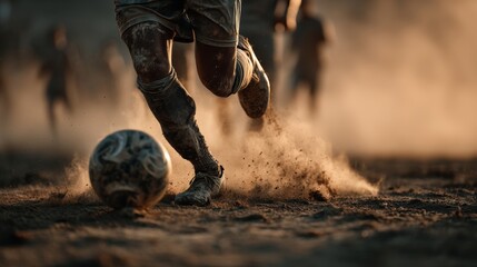 Dynamic soccer action capturing a player kicking a ball on a dusty field.