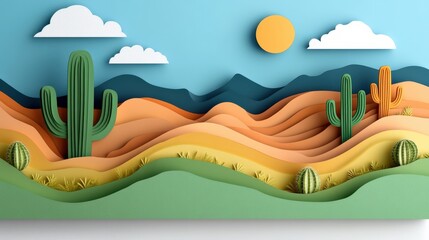 Colorful Paper Cut Landscape with Cacti and Sunny Sky Background
