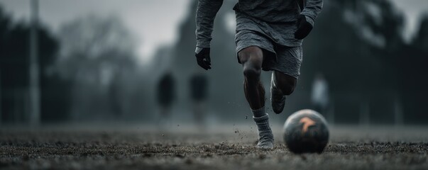 Dynamic soccer player in motion on the field, striking a ball during practice.