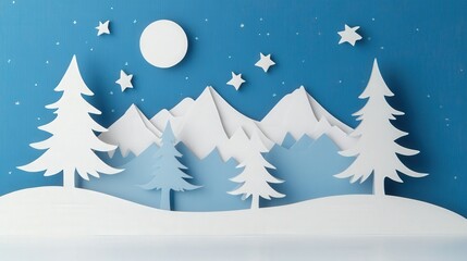 Obraz premium Winter Wonderland Paper Cutout Scene with Trees and Mountains