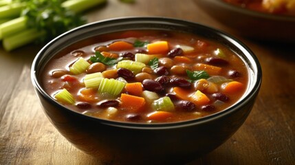 A bowl of vegetable soup with carrots, celery, and beans on a wooden table. Featuring warmth and nourishment