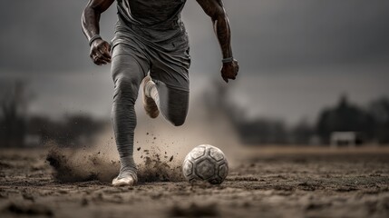Athlete kicking a soccer ball on a dusty field, showcasing dynamic movement and intensity.