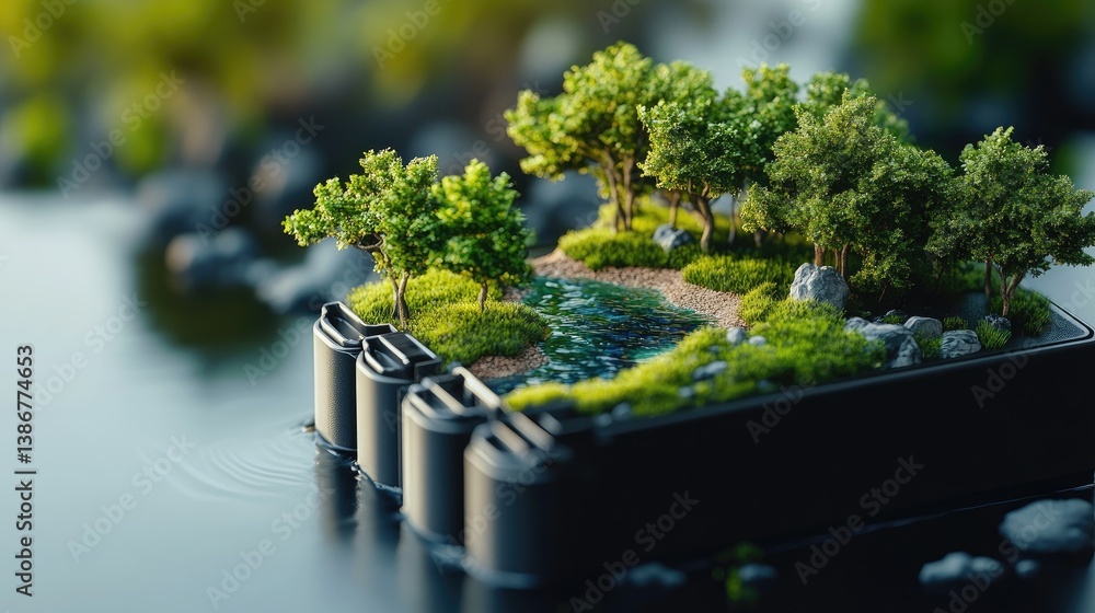 Poster a close-up of a battery with a tiny landscape inside, complete with miniature trees and water, symbo