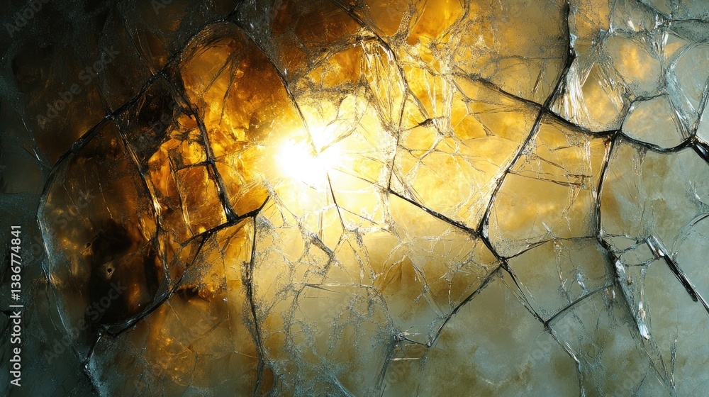 Poster a close-up of a shattered window, with sunlight pouring through the cracks, creating an artistic and