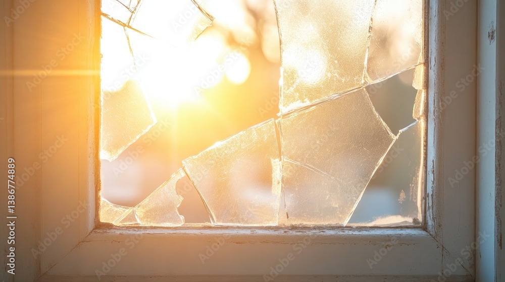 Poster a close-up of a shattered window, with sunlight pouring through the cracks, creating an artistic and