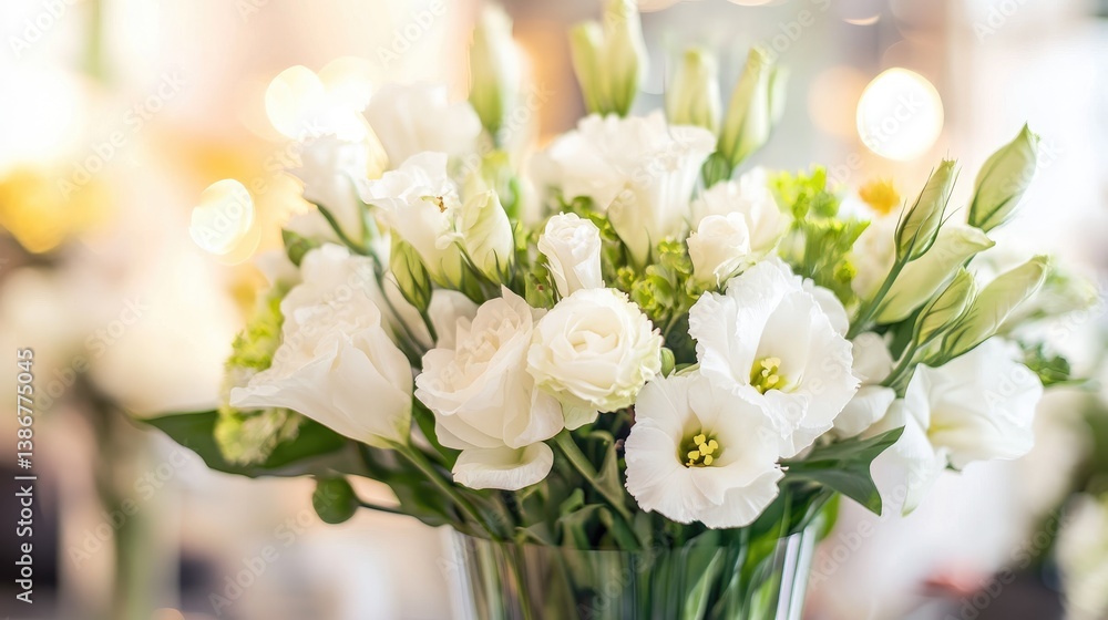 Poster a close-up of delicate white flowers arranged beautifully, with a soft bokeh background creating a p