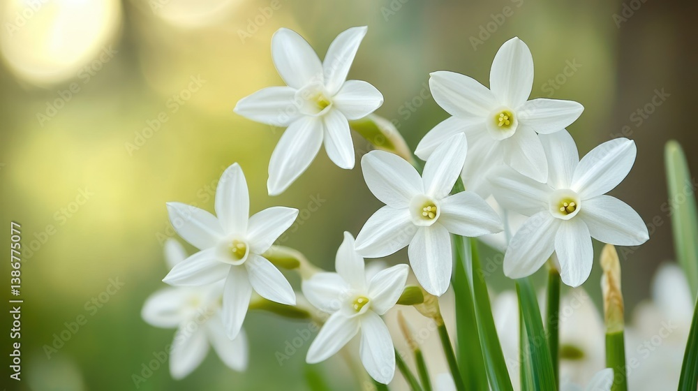 Poster A close-up of delicate white flowers arranged beautifully, with a soft bokeh background creating a peaceful and serene atmosphere. Concept: White Flower Arrangement, Close-Up Photography, Soft Bokeh