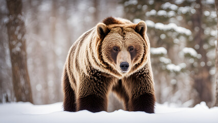 Obraz premium Large brown bear standing firmly in snowy forest wilderness. Wildlife concept