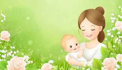 A mother gently holding her baby in a beautiful garden