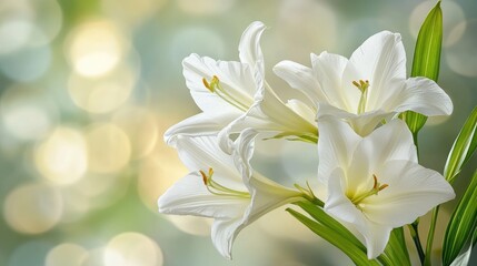 Fototapeta premium A close-up of delicate white flowers arranged beautifully, with a soft bokeh background creating a peaceful and serene atmosphere. Concept: White Flower Arrangement, Close-Up Photography, Soft Bokeh