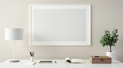 A white rectangular frame in a serene study, mounted above a clean desk with a notebook, lamp, and a small plant. HD 8K mockup wallpaper Photographic Image