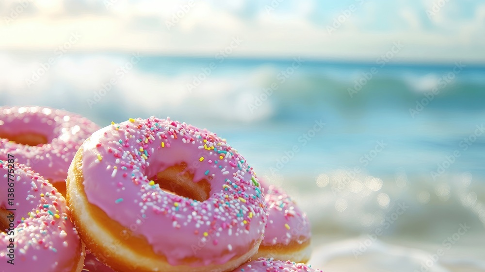 Poster a close-up of pink frosted donuts with sprinkles, set against a beach background with gentle ocean w