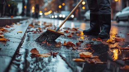 A person in rubber boots sweeps fallen leaves from a rainy street, creating ripples in the water.