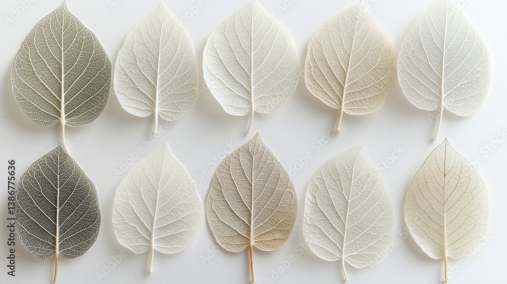 Poster a collection of delicate, translucent leaves arranged on a light background, showcasing intricate ve