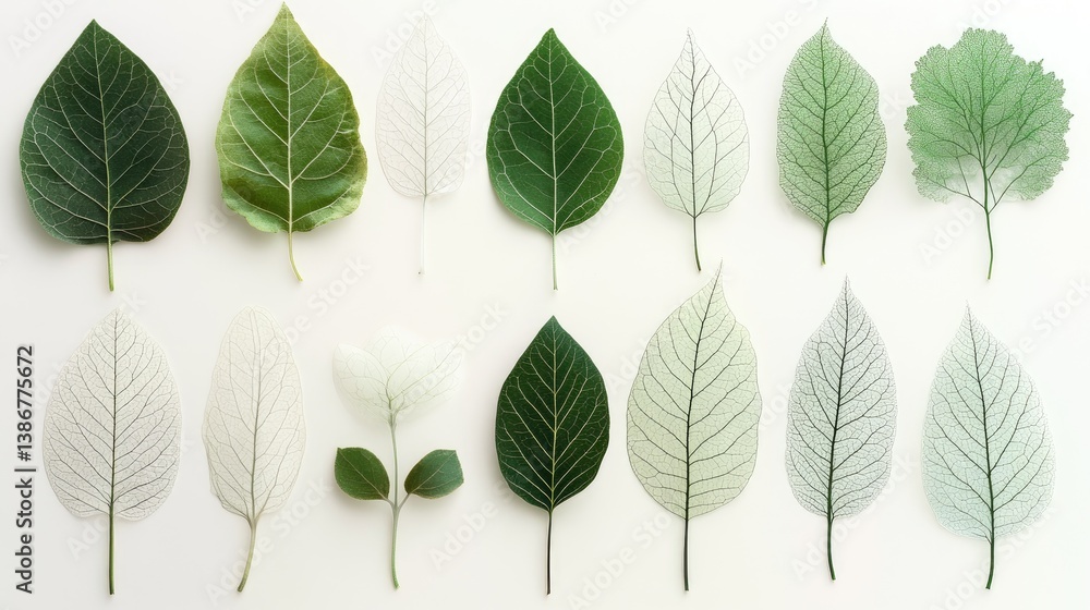 Poster a collection of delicate, translucent leaves arranged on a light background, showcasing intricate ve