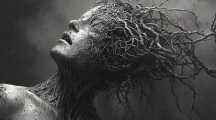 Woman with roots covering her face and upper body.