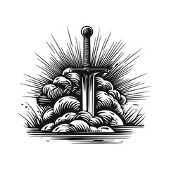 Fototapeta premium Engraved Sword with Explosive Clouds in Vintage Style Vector Art