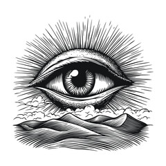 Obraz premium Eye Engraving with Rays and Mountains in Black and White Detail