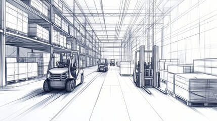 Obraz premium Warehouse interior with forklifts and stacked boxes on shelves.
