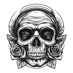 Fototapeta premium Skull Engraving with Roses in Black and White Vector Art Design