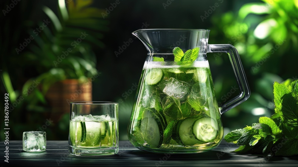 Aufkleber A refreshing cucumber mint infusion served in a glass and pitcher, with ice cubes adding a cool touch to the vibrant beverage. Concept: Cucumber Mint Infusion, Refreshing Drink, Hydration