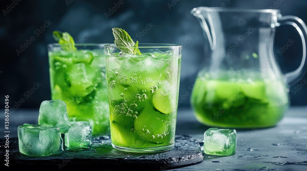 Poster A refreshing cucumber mint infusion served in a glass and pitcher, with ice cubes adding a cool touch to the vibrant beverage. Concept: Cucumber Mint Infusion, Refreshing Drink, Hydration