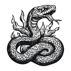 Obraz premium Detailed Engraving of a Snake Surrounded by Flames in Vector Style