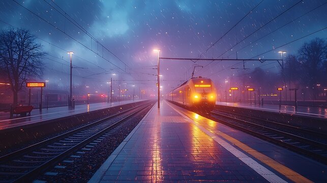 Nocturnal Commute: A train arrives at an empty station under a twilight sky. Rain-slicked surfaces reflect the soft glow of the platform lights, painting a scene of solitude and the journey ahead.
