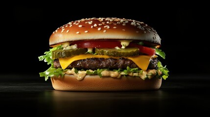 A classic beef burger with lettuce, tomato, cheese, and pickles. Featuring comfort and indulgence