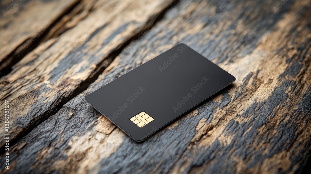 Poster a sleek black card with a chip, placed on a rustic wooden surface, creating a unique contrast betwee