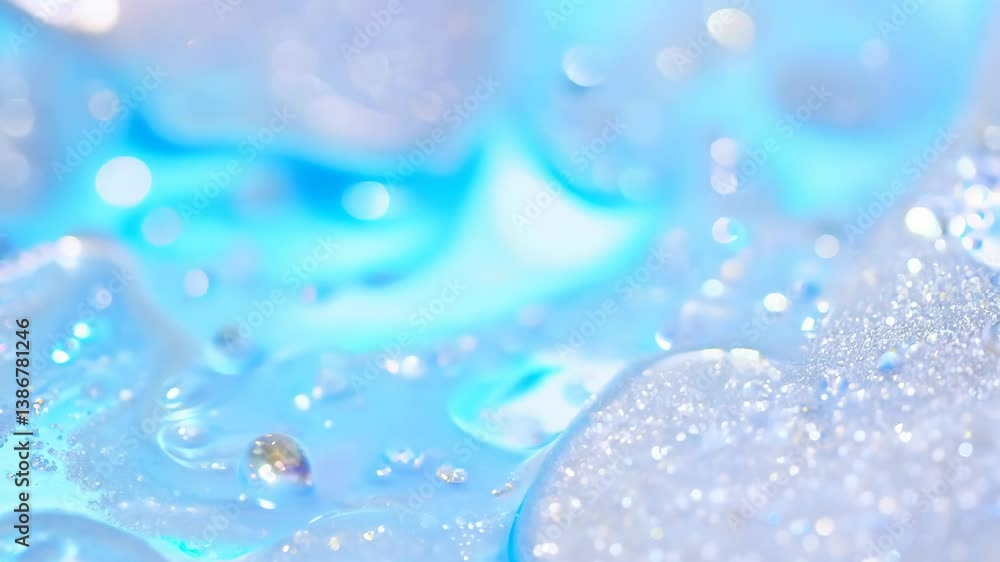Poster Dynamic drops of holographic glitter in pastel violet oil or ink diffusing through water, creating an abstract aquatic swirls