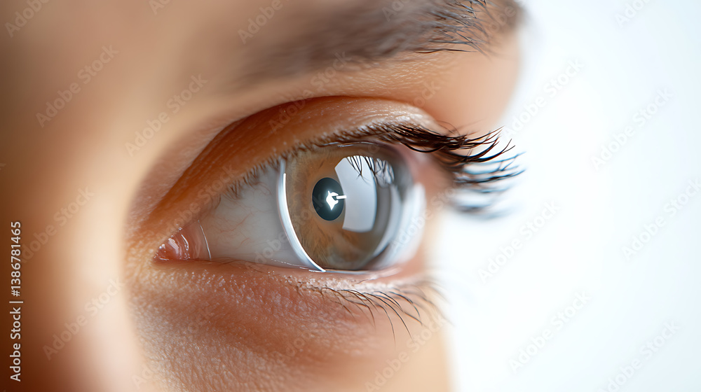 Wall mural a person using a smart contact lens to monitor health data, modern setting with digital display show