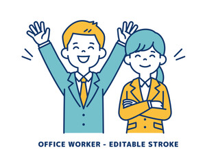 笑顔で大喜びする、若い男女の会社員のベクターイラスト素材＿＿線の編集可能