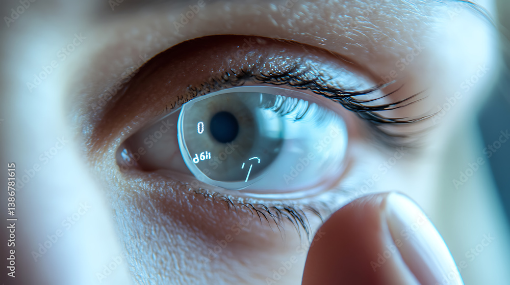 Wall mural a person using a smart contact lens to monitor health data, modern setting with digital display show
