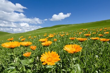 Fototapeta premium Vibrant Orange Flowers Blooming in a Green Meadow Under Blue Sky