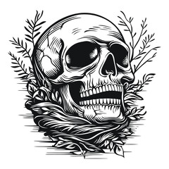 Fototapeta premium Intricate Engraved Skull Surrounded by Natural Elements
