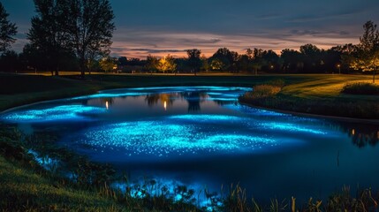 Bioluminescent water glows in a dark river landscape at twilight
