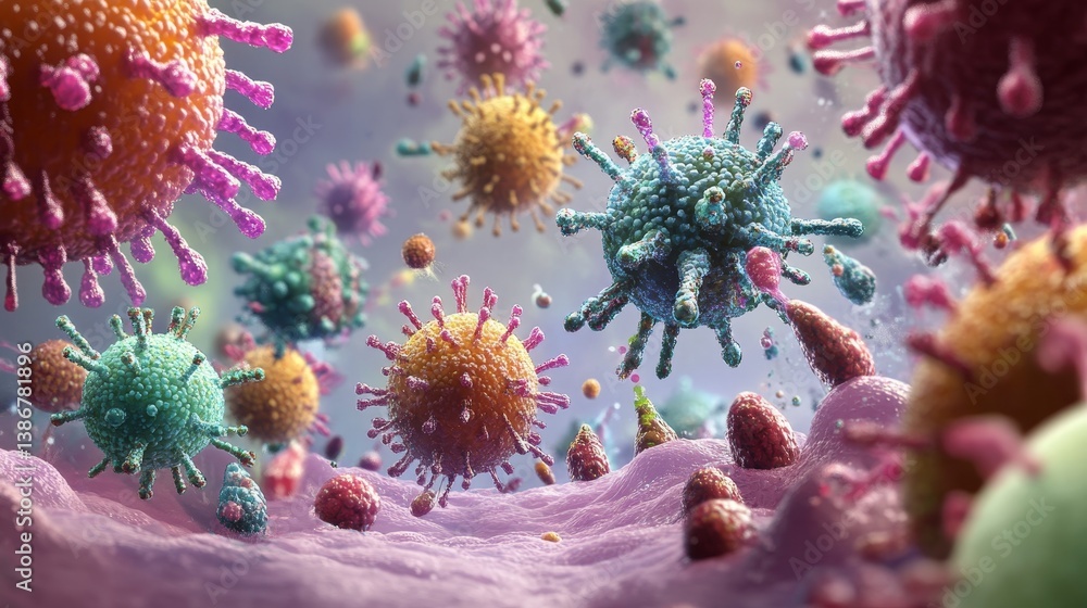 Poster microscopic view of viruses or cells with spiky projections in