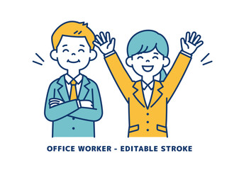 バンザイをして喜ぶ、若い男女の会社員のベクターイラスト素材＿＿線の編集可能