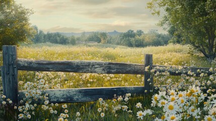 Fototapeta premium A tranquil, sunlit field of wildflowers with daisies, framed by a weathered wooden fence, evoking serenity and nature's beauty. Concept: Wildflower Field, Wooden Fence, Peaceful Scene