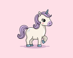 Cute Unicorn Character Illustration with Lavender Mane and Horn on Pink Background