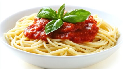 A classic bowl of spaghetti with tomato sauce and basil leaves. Featuring comfort and tradition